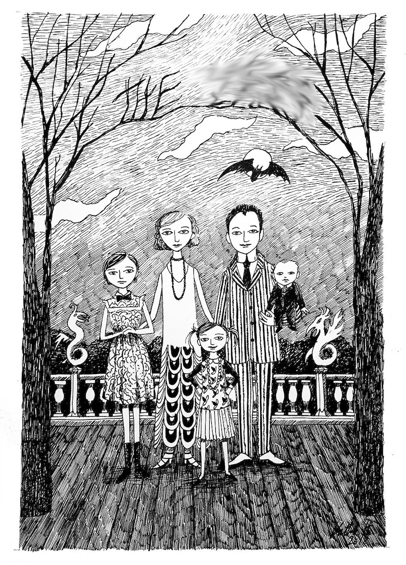 Custom Family Portrait, Ink Hand Drawn Portrait, Family Painting, Family Portrait, edward gorey, pen and ink, black and white image 1