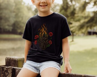 Kids Flame Heart Tee, Sacred heart shirt, Twisted Roots, Colorful tshirt, Poppies, Love of nature, Flames, branches, Heavy cotton