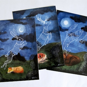 Animals Dreaming - Postcard set, watercolor illustration, deer, fox, bear, rabbit, fish, ghost, moon light, carte postale