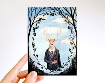 Victorian Animal Portraits - Postcard, watercolor illustration, tree silhouettes