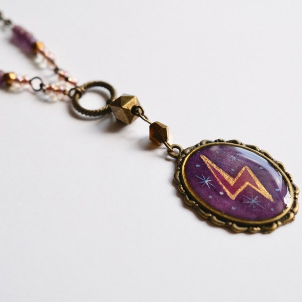 Flash hand painted Jewelry - illustration necklace, pendant with lightning bolt, gold and purple beads, one of a kind