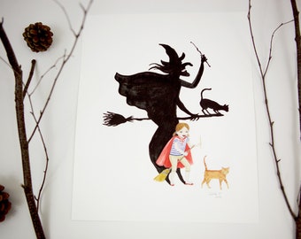 Girls Room Art, Witch sihouette, Original Watercolor Painting, Playtime, imaginary play, black cat, broom