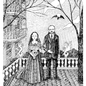 Custom Portrait with Custom Background, Hand Drawn, Family illustration, Portrait, edward gorey, pen and black ink, black and white 2 people/pets