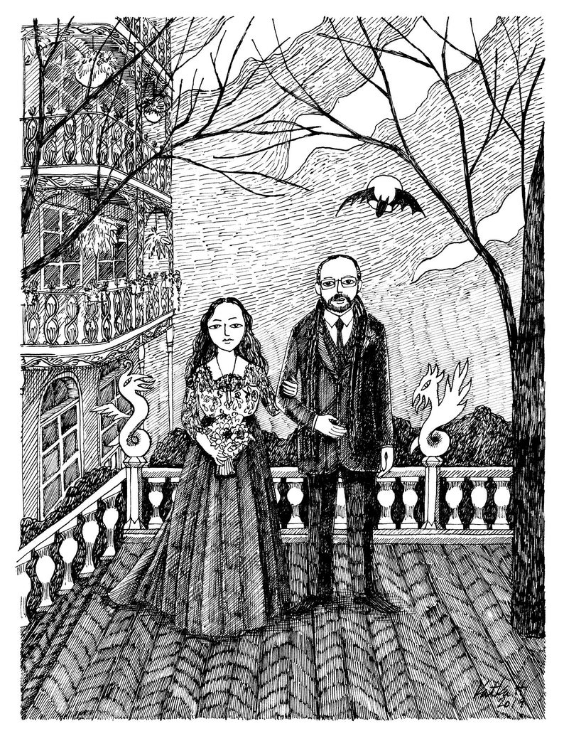 Custom Portrait with Custom Background, Hand Drawn, Family illustration, Portrait, edward gorey, pen and black ink, black and white 2 people/pets