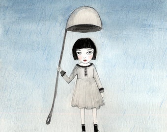 Laddle Umbrella - Miniature Girl in the Rain, Grey Day, Alice in Wonderland - Watercolor illustration 5x5