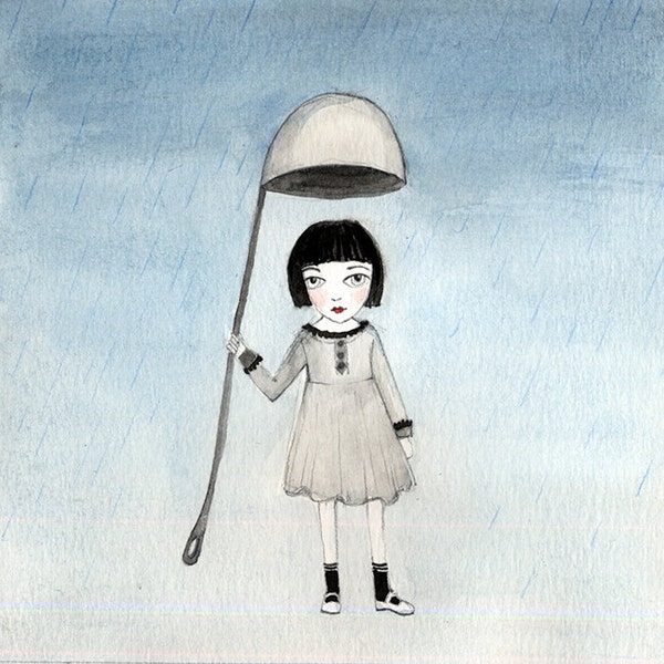 Laddle Umbrella - Miniature Girl in the Rain, Grey Day, Alice in Wonderland - Watercolor illustration 5x5