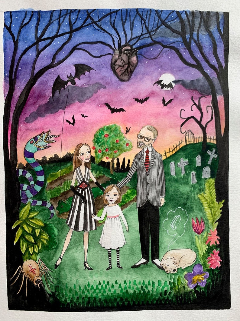 Retrato familiar personalizado de fantasía, acuarela o tinta, pintura familiar, Tim burton, Alicia en el país de las maravillas, Edward Gorey, Mago de Oz imagen 1