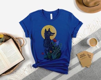 Mystical Wolf Moon Tee, Animal Lover Tee, Wild Animal Shirt, Wolf T-Shirt, Blue wild dog, Bright Full moon, witchy t-shirt