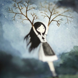 PRINT 5x7 Girl with Branches Lonely Fairytale Art Print, Watercolor illustration, night, dark, gloomy image 5