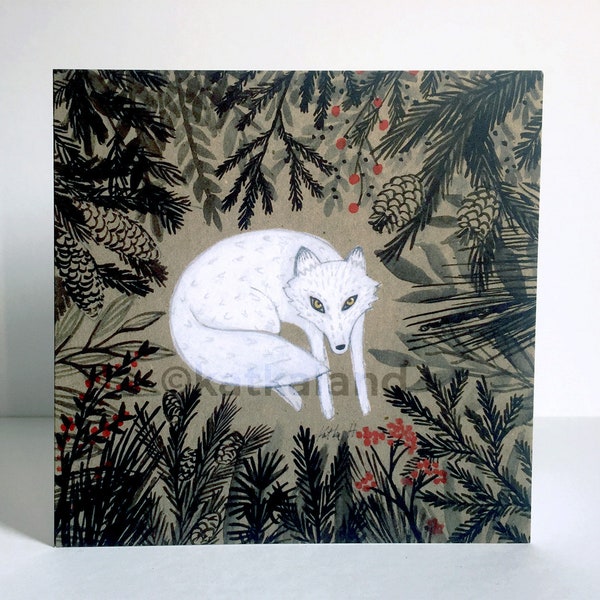 Blank card - White winter fox, Black, white and Red on beige, woodland creature, branches
