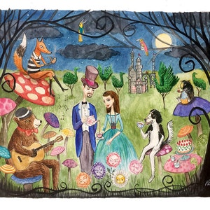 Fantasy Custom Family Portrait, Watercolor or Ink, Family Painting, Tim burton, Alice in Wonderland, Edward Gorey, Wizard of Oz image 2