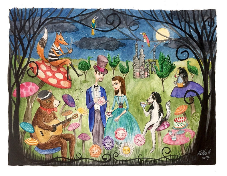 Fantasy Custom Family Portrait, Watercolor or Ink, Family Painting, Tim burton, Alice in Wonderland, Edward Gorey, Wizard of Oz image 2