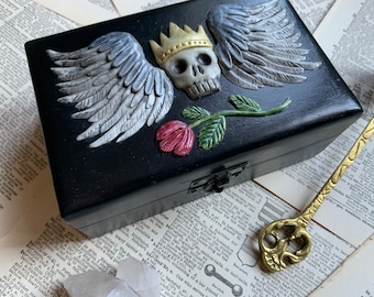 Hand painted wood box with sculpted skull wearing crown with wings, flower and leaves, Tarot Card Box, Witches and Tarot Readers, Box ONLY