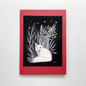 Jeu de cartes Animaux avec flore, noir et blanc, papier cartonné rouge, hibou blanc, renard blanc, papillon de nuit, 5 x 7