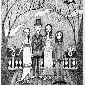 Custom Family Portrait, Ink Hand Drawn Portrait, Family Painting, Family Portrait, edward gorey, pen and ink, black and white 4 people/pets