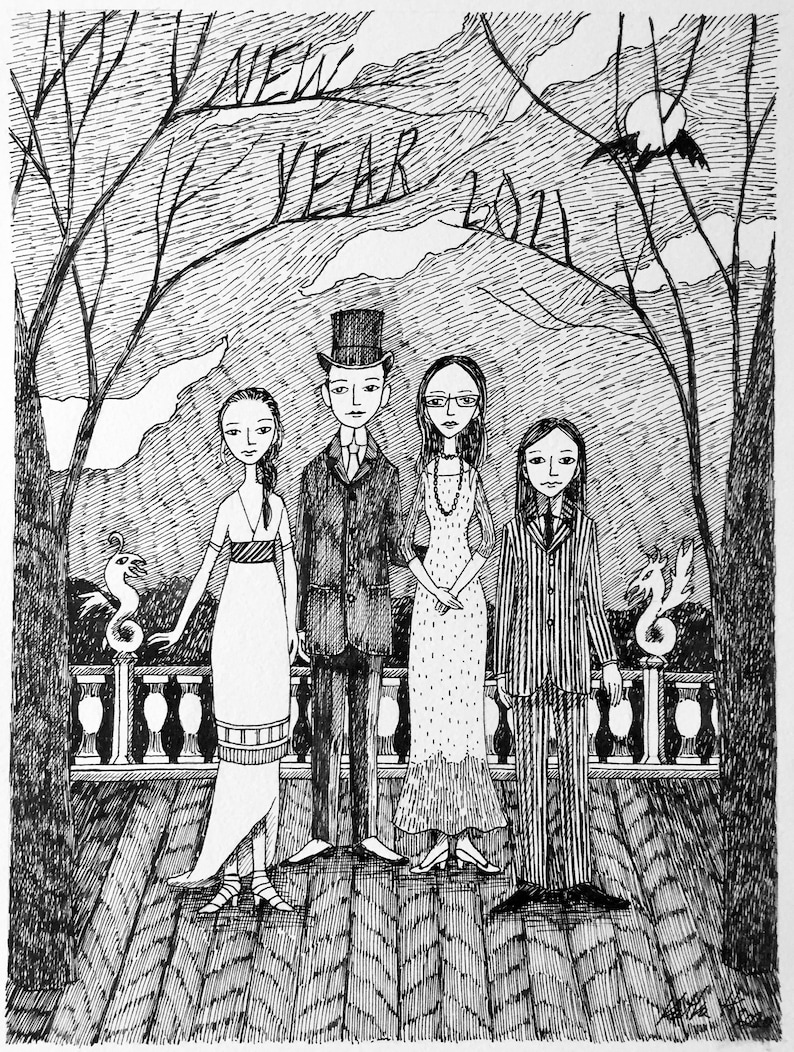 Custom Family Portrait, Ink Hand Drawn Portrait, Family Painting, Family Portrait, edward gorey, pen and ink, black and white 4 people/pets