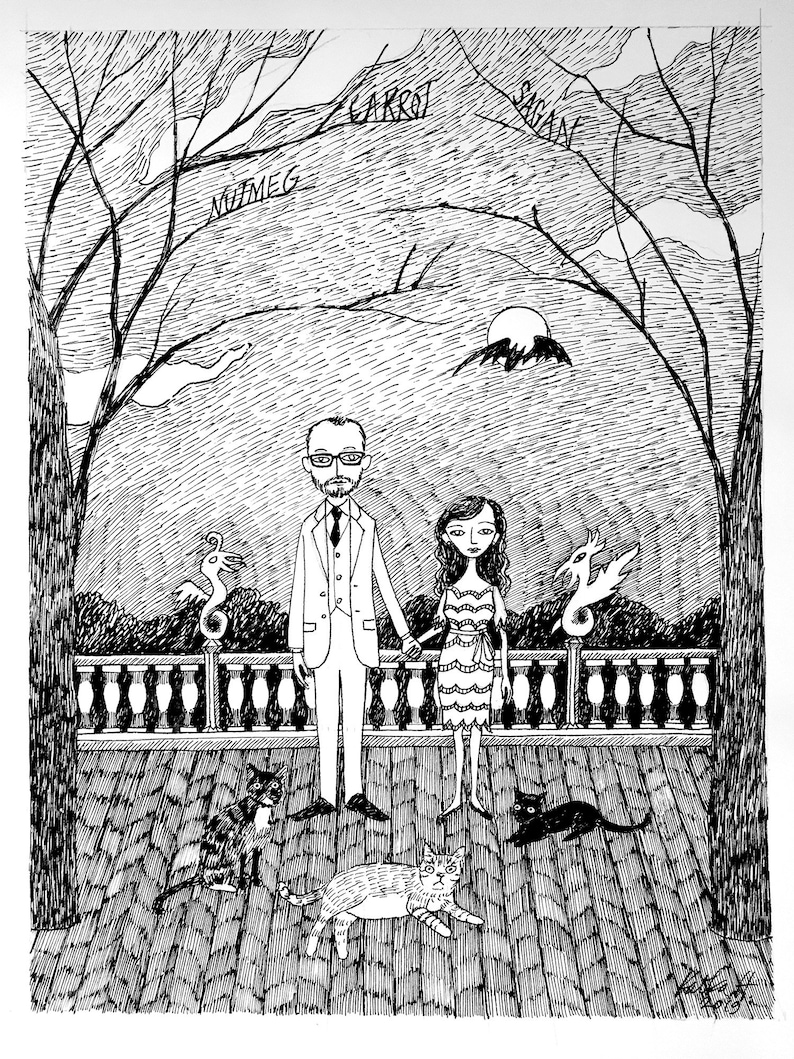 Custom Family Portrait, Ink Hand Drawn Portrait, Family Painting, Family Portrait, edward gorey, pen and ink, black and white 5 people/pets