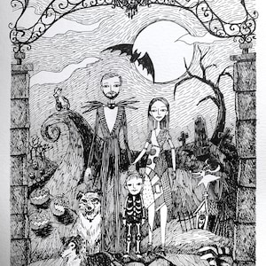 May include: Black and white illustration of a family dressed as characters from the film "The Nightmare Before Christmas". The family are standing in front of a spooky gate with a skull at the top. There are pumpkins and a dog in the background.