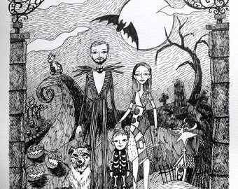 Custom Portrait Tim Burton style, Hand Drawn, Family illustration, pen and ink, black and white, nightmare before christmas, scissorhands