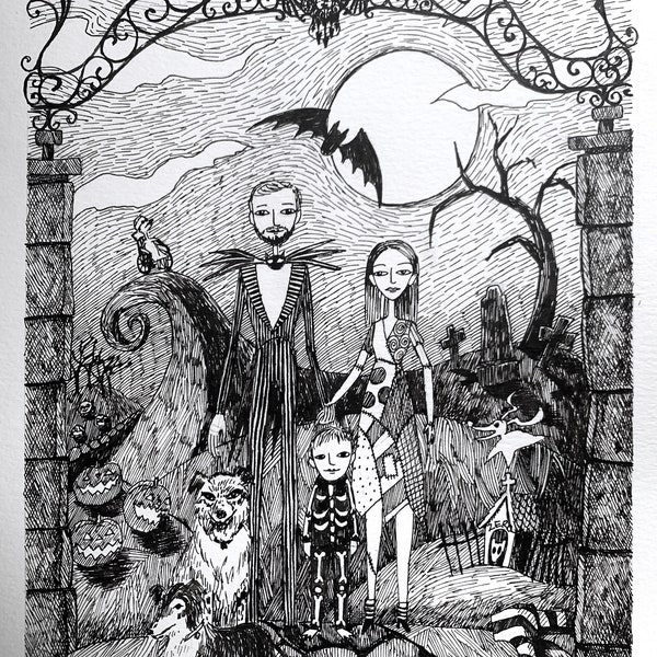 Custom Portrait Tim Burton style, Hand Drawn, Family illustration, pen and ink, black and white, nightmare before christmas, scissorhands