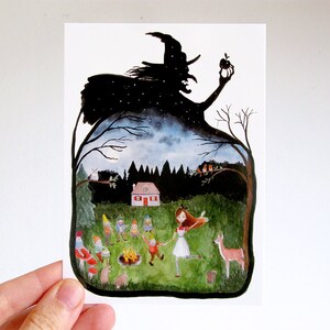 Fairy Tale 2 Postcards set, watercolor illustration, Little Red Riding Hood, Snow White, Witch, Wolf image 2