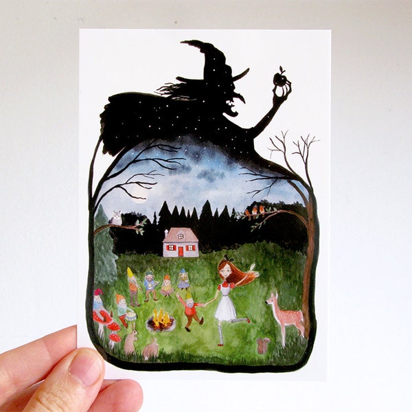 Fairy Tale - Postcard, watercolor illustration, Little Red Riding Hood, Snow White, Witch, Wolf