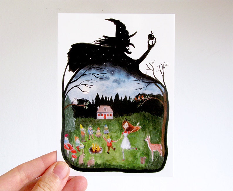 Fairy Tale Postcard, watercolor illustration, Little Red Riding Hood, Snow White, Witch, Wolf image 1