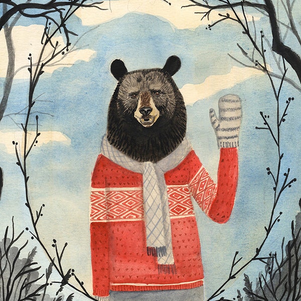 Bear Man - 5x7 PRINT, Old fashion Gentleman, Dark trees, Leaf Framing, Art Illustration, Watercolor Painting,