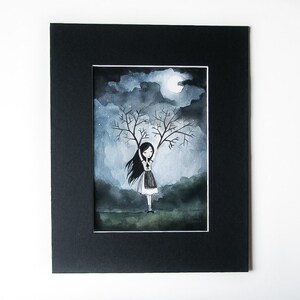 PRINT 5x7 Girl with Branches Lonely Fairytale Art Print, Watercolor illustration, night, dark, gloomy image 3