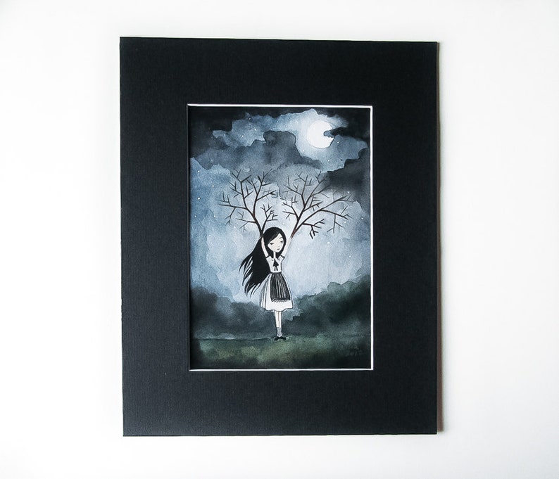 PRINT 5x7 Girl with Branches Lonely Fairytale Art Print, Watercolor illustration, night, dark, gloomy image 3