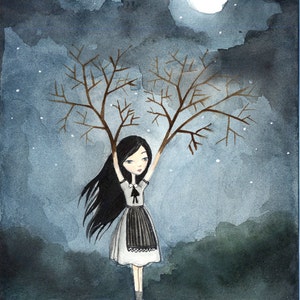 PRINT 5x7 Girl with Branches Lonely Fairytale Art Print, Watercolor illustration, night, dark, gloomy image 1