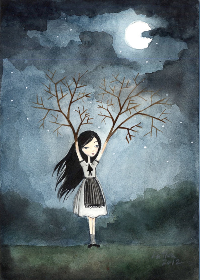 PRINT 5x7 Girl with Branches Lonely Fairytale Art Print, Watercolor illustration, night, dark, gloomy image 1