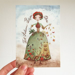 Postcard Woman Season, calligraphy, 4 languages, Fall, Summer, Spring, Winter, Princess, watercolor illustration image 2