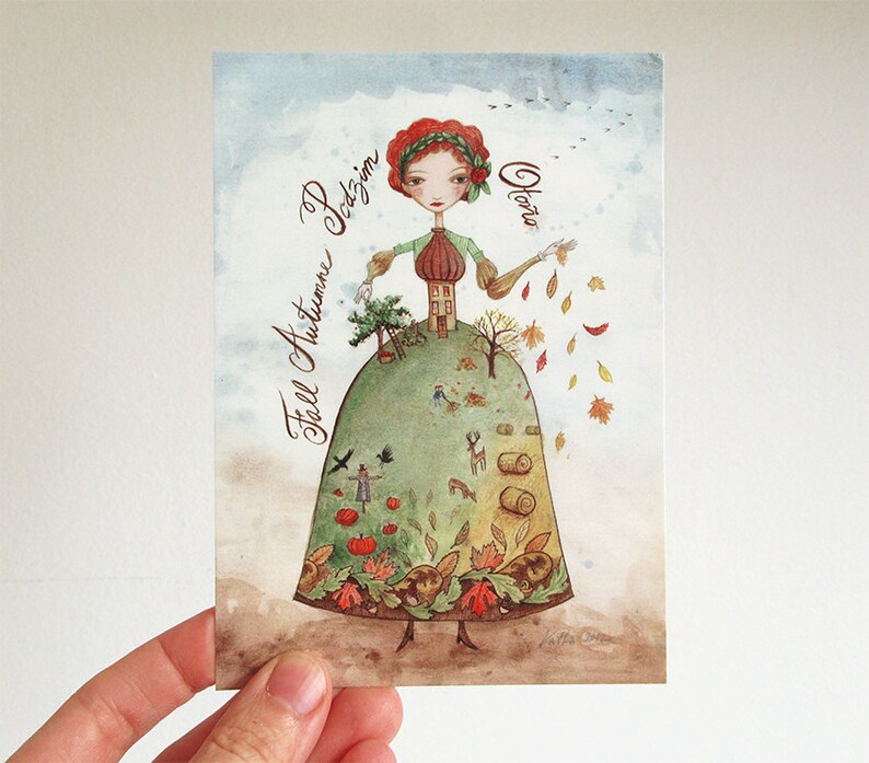 Postcard Woman Season, calligraphy, 4 languages, Fall, Summer, Spring, Winter, Princess, watercolor illustration image 2