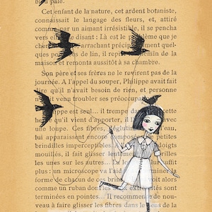 Girl Running with Birds - Book Page illustration, Pen and paint, wonderland, print 5x7
