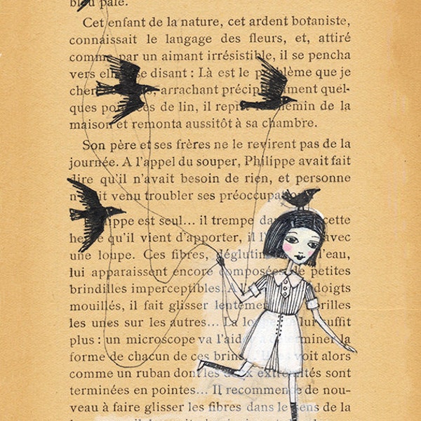 Girl Running with Birds - Book Page illustration, Pen and paint, wonderland, print 5x7