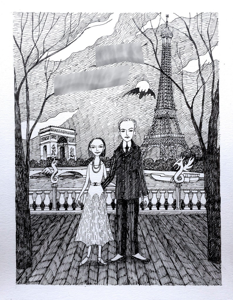 Custom Portrait with Custom Background, Hand Drawn, Family illustration, Portrait, edward gorey, pen and black ink, black and white image 2