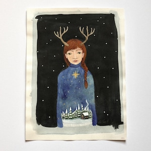 Original gauche and watercolor painting, Christmas sweater, deer deer, redhead, winter image 1