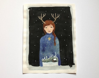 Original gauche and watercolor painting, Christmas sweater, deer deer, redhead, winter