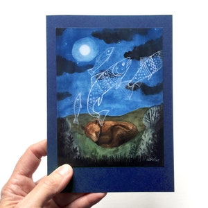 Rêve d'animaux, carte, carte bleue, cerf, renard, ours, poisson, lapin, 5 x 7