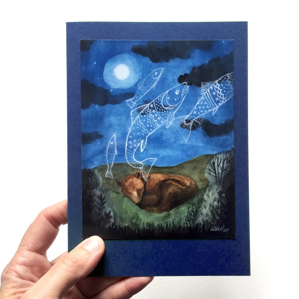 Animals Dreaming, card, blue card, Deer, Fox, Bear, fish, rabbit, 5x7