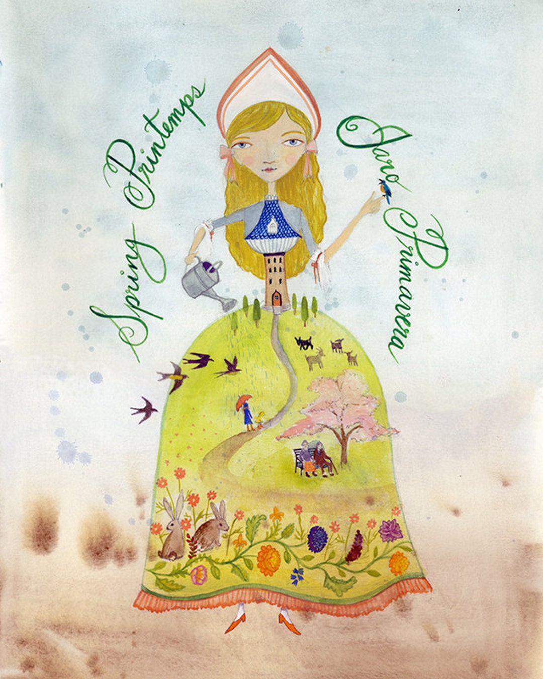 Art Print - Spring Season Princess, Woman, Watercolor Painting ...