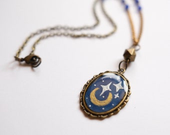 Moon and stars pendant, hand painted illustration, necklace, indigo and gold beads, one of a kind