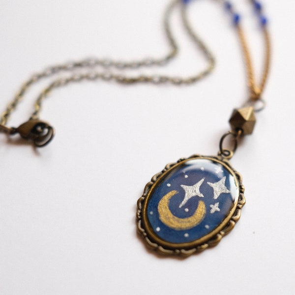 Moon and stars pendant, hand painted illustration, necklace, indigo and gold beads, one of a kind