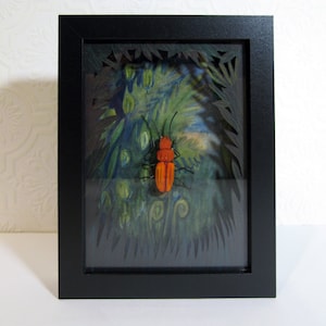 3D Insect Original Art,Sculpted Red Bark Beetle,Lush Forest, Shadow box