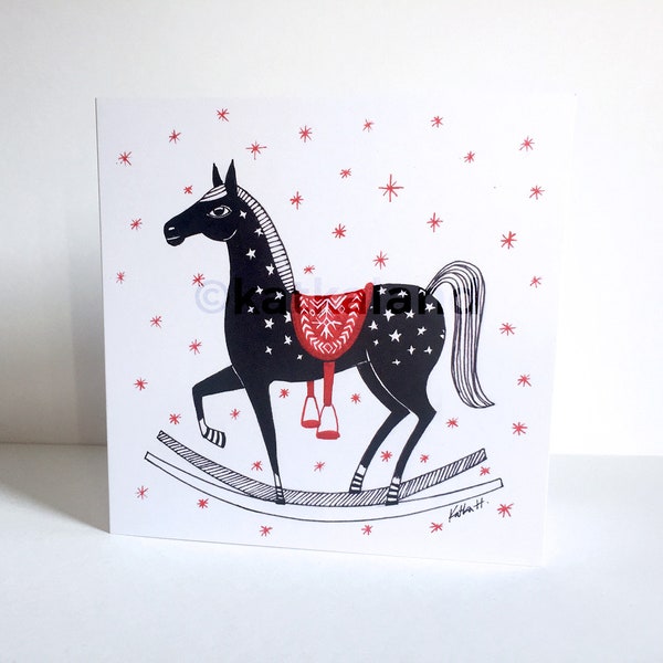 Blank card - rocking horse, winter, stars, Black, white and Red