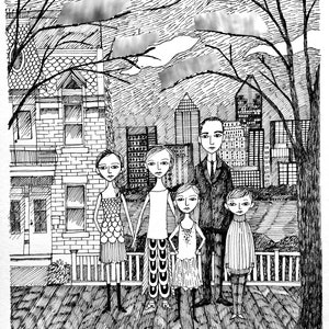 Custom Portrait with Custom Background, Hand Drawn, Family illustration, Portrait, edward gorey, pen and black ink, black and white image 3