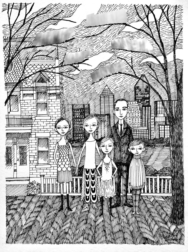 Custom Portrait with Custom Background, Hand Drawn, Family illustration, Portrait, edward gorey, pen and black ink, black and white image 3