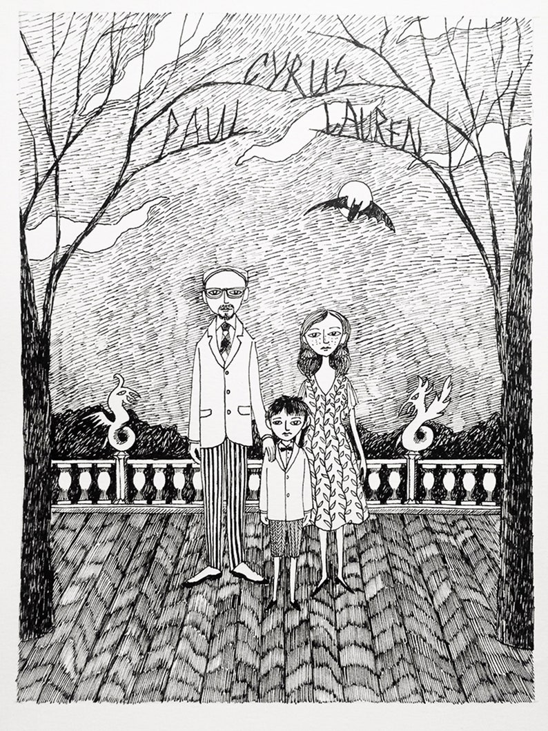 Custom Family Portrait, Ink Hand Drawn Portrait, Family Painting, Family Portrait, edward gorey, pen and ink, black and white image 5