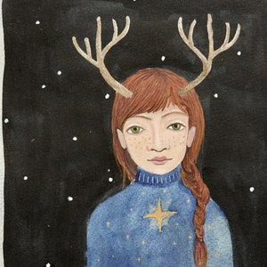 Original gauche and watercolor painting, Christmas sweater, deer deer, redhead, winter image 8